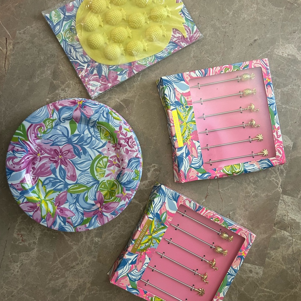 Lily Pulitzer dining set Floral Plates, fruit skewers and Pineapple Ice Tray Set